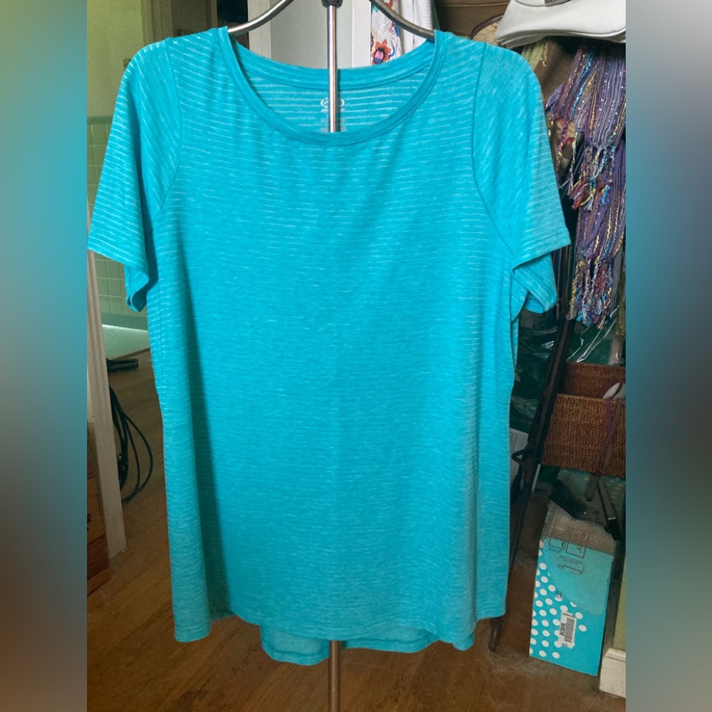 Athletic tee shirt. Thin striped turquoise